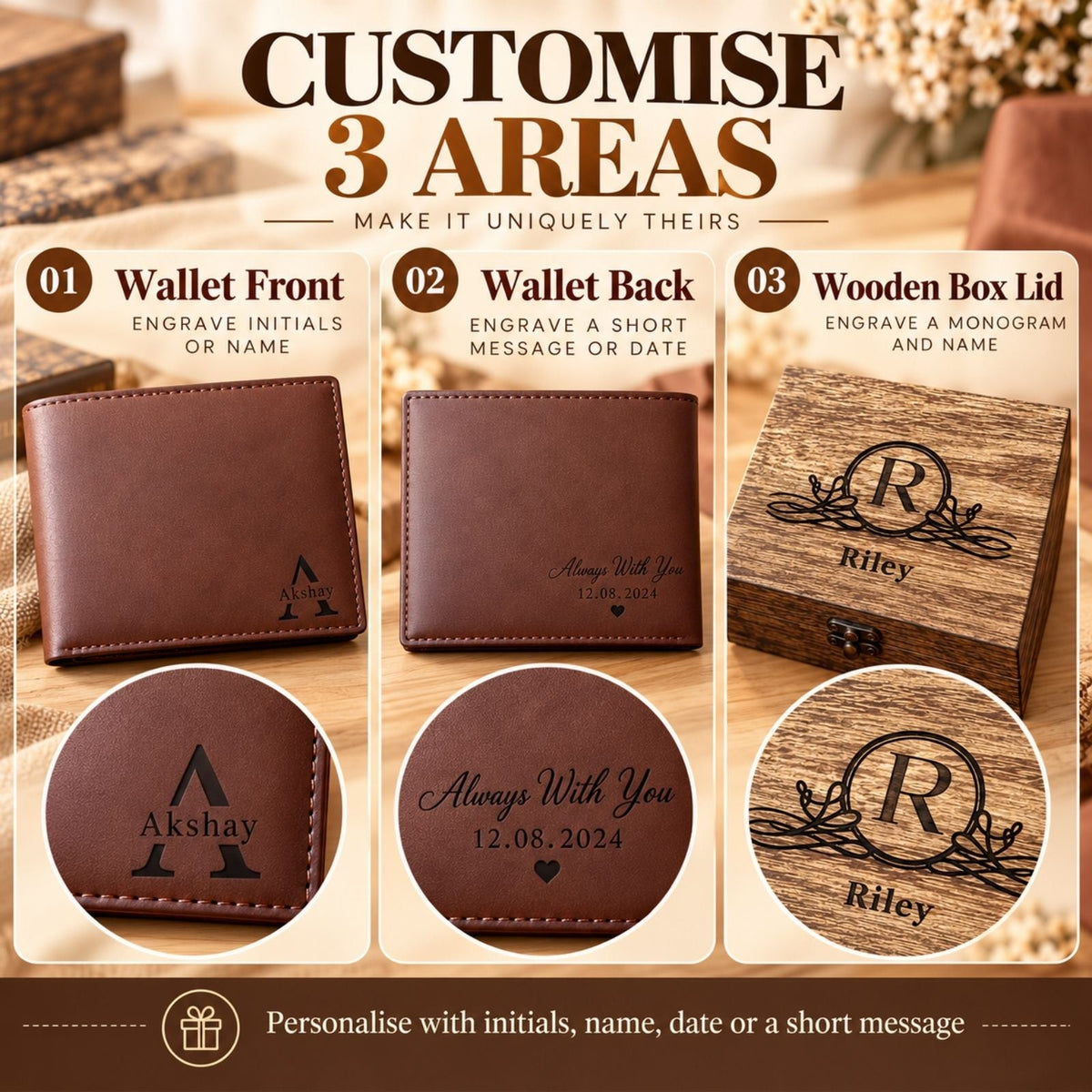 Personalised Leather Wallet Gift with Wooden Box for Dad, Husband, Father - uniqicon