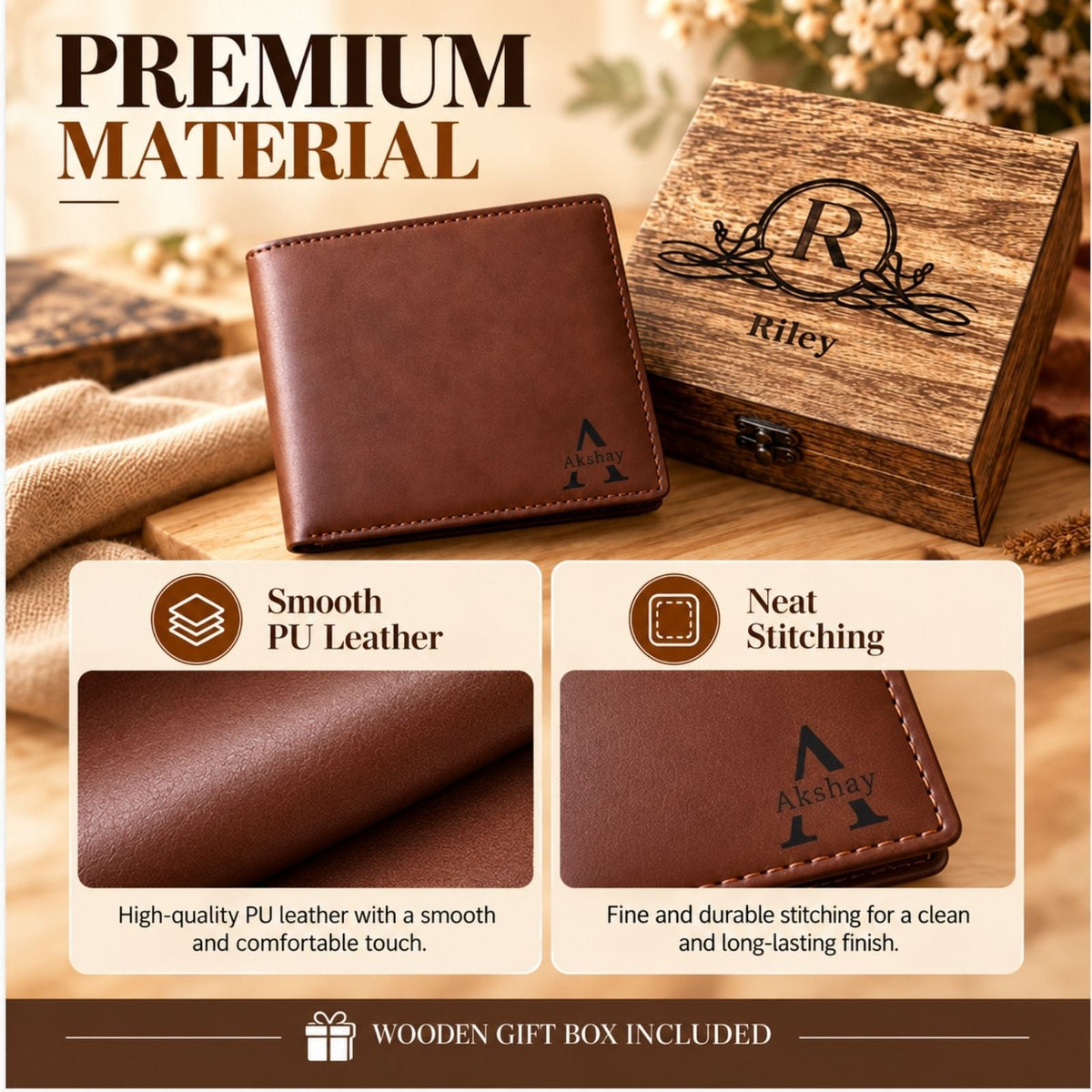 Personalised Leather Wallet Gift with Wooden Box for Dad, Husband, Father - uniqicon