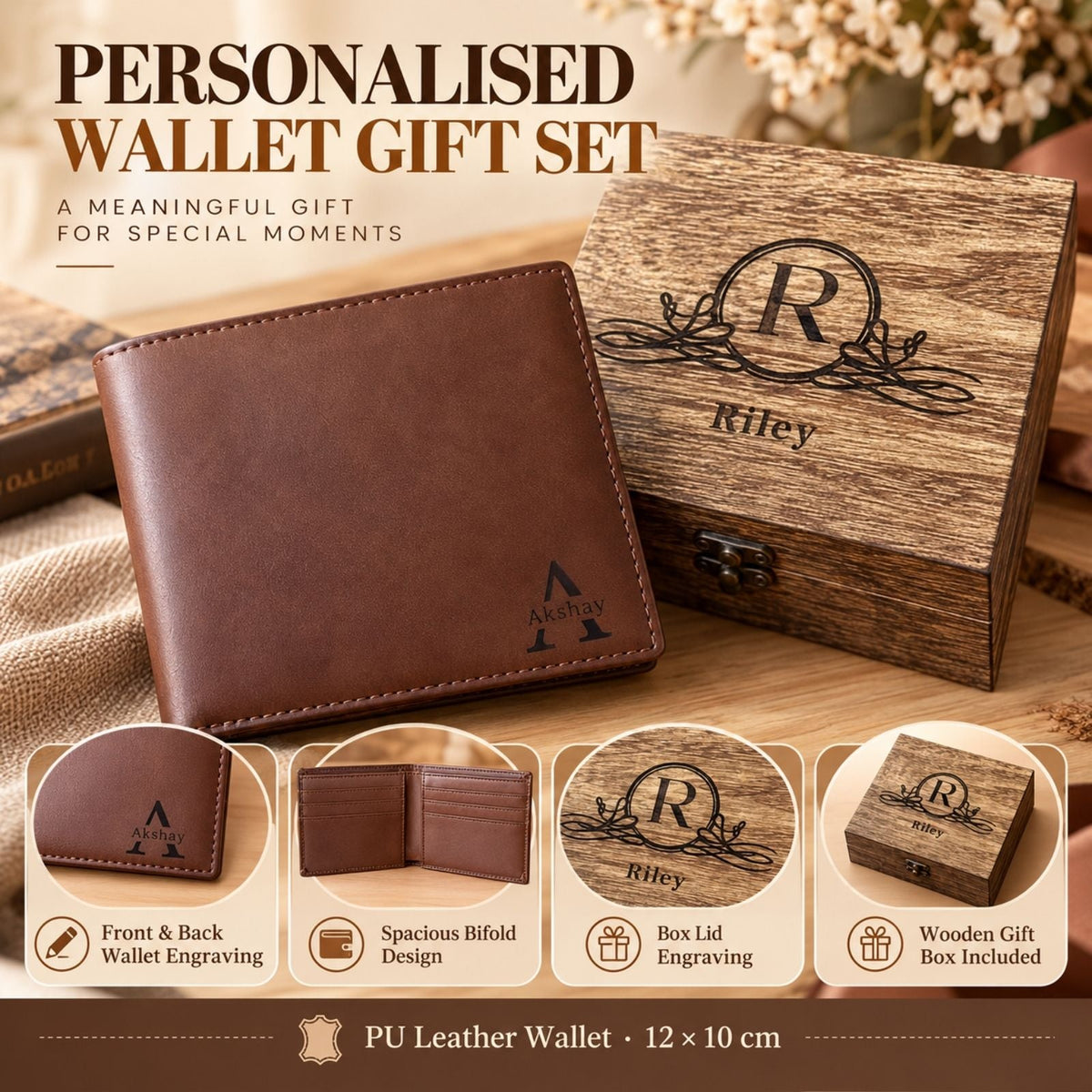 Personalised Leather Wallet Gift with Wooden Box for Dad, Husband, Father - uniqicon