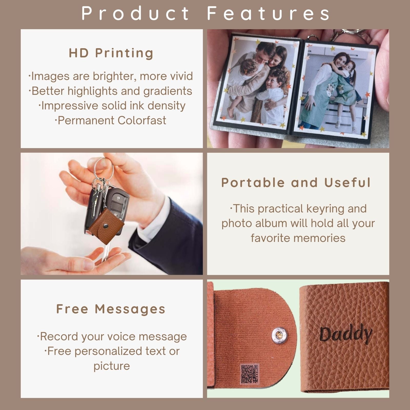 Personalized Mini Photo Keychain,Picture Keychains(Light brown) Personalized Album, Mini Cute Key Ring Keychain with Picture Book for Family, Boyfriend, Couples, Dog, Friends - uniqicon